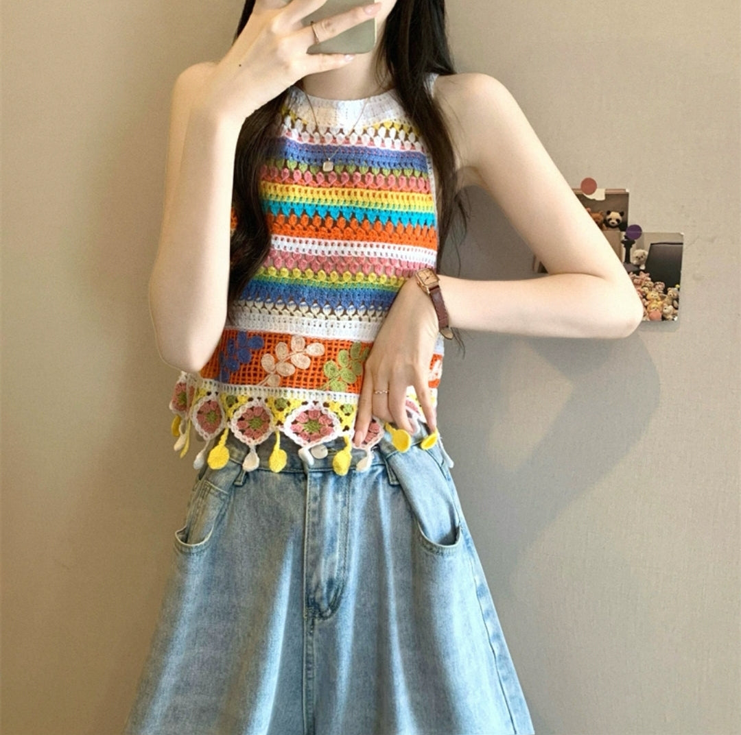 Aurora Bloom Crochet Tassel Top