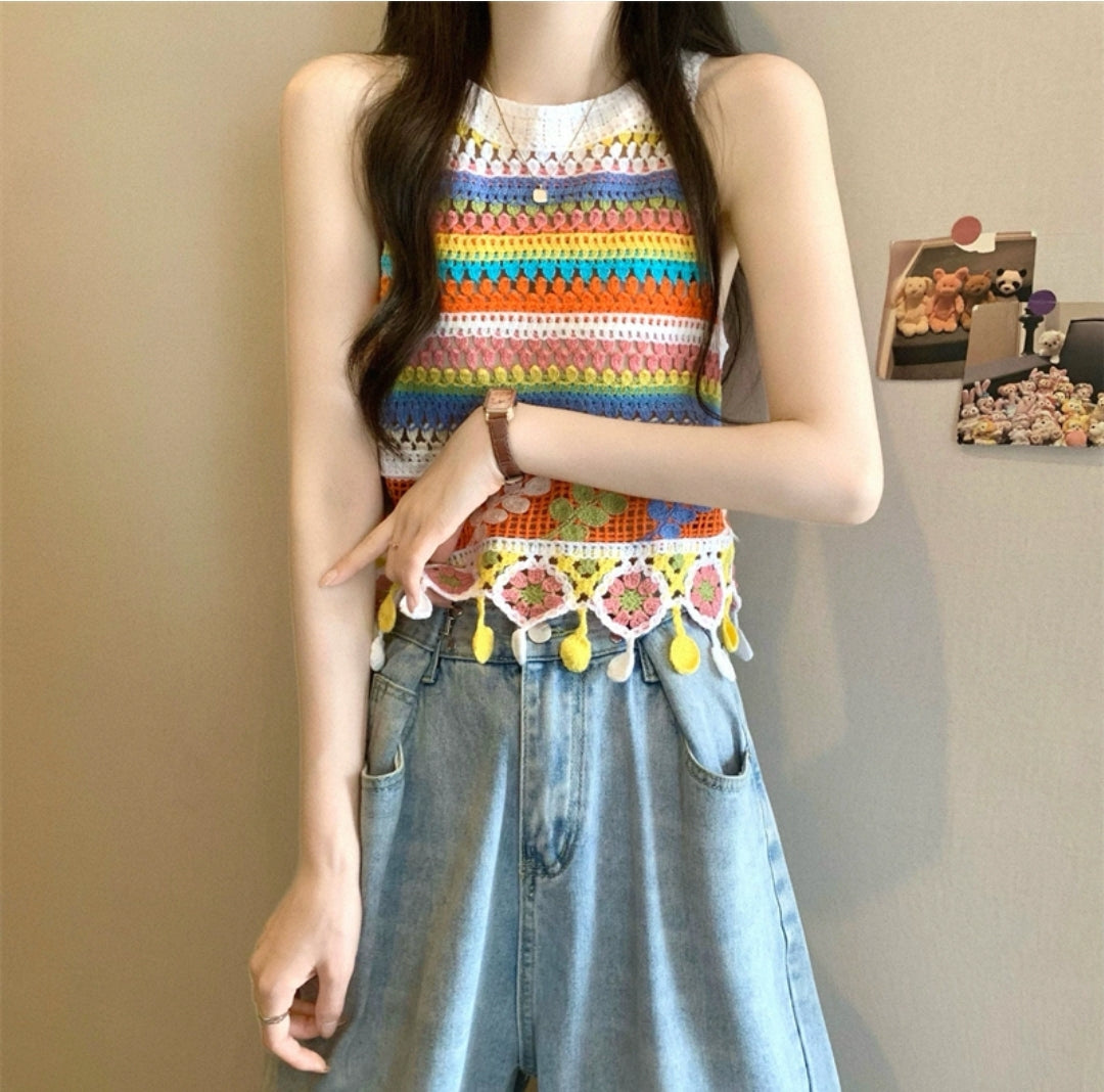 Aurora Bloom Crochet Tassel Top