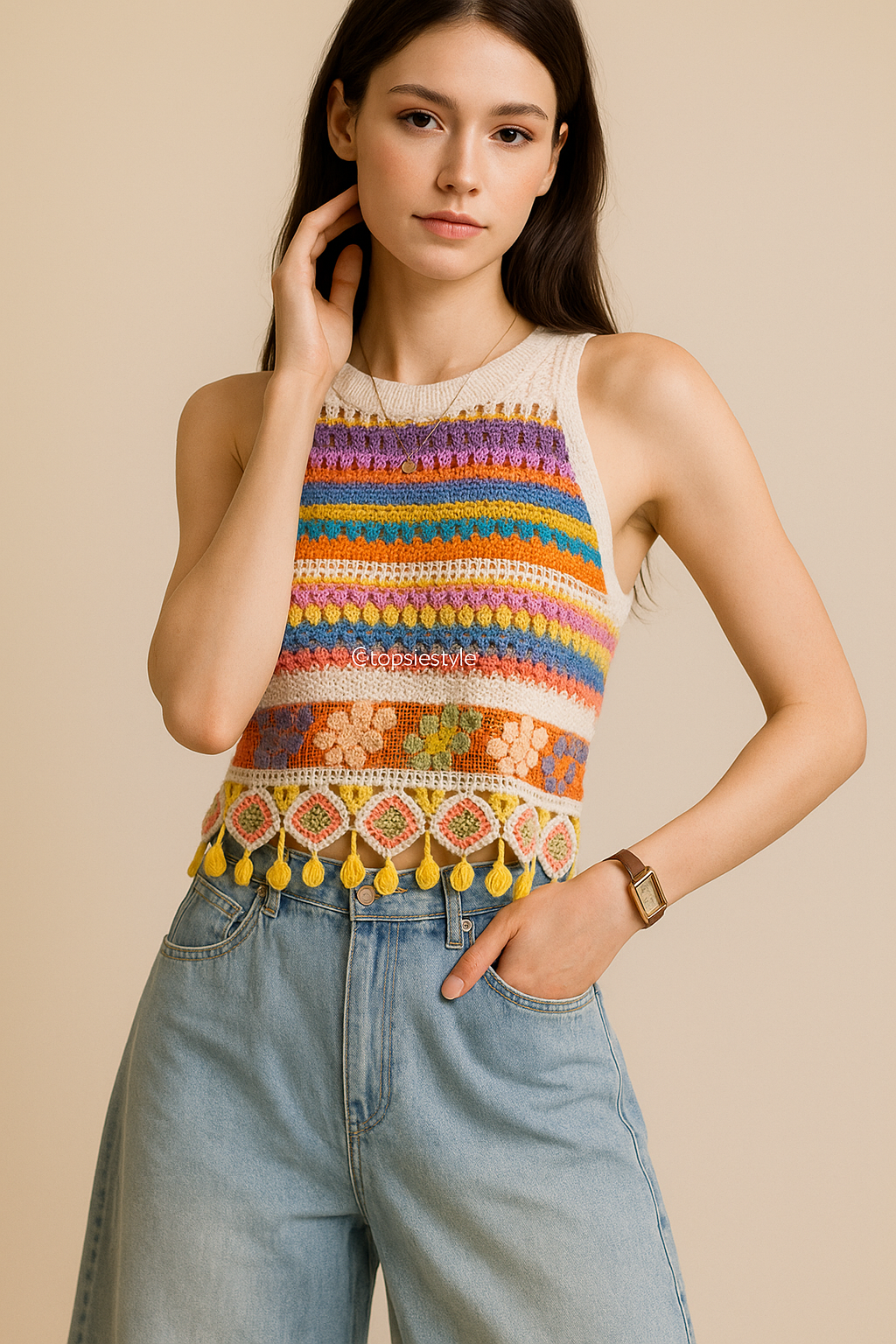 Aurora Bloom Crochet Tassel Top
