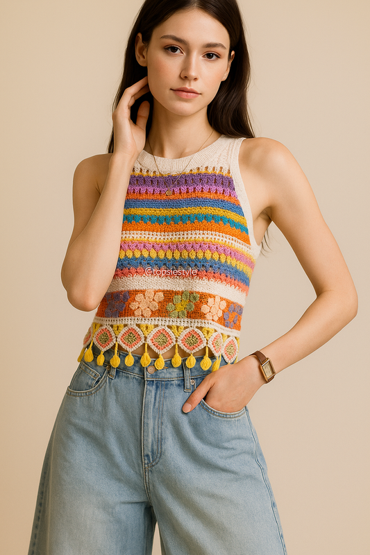Aurora Bloom Crochet Tassel Top