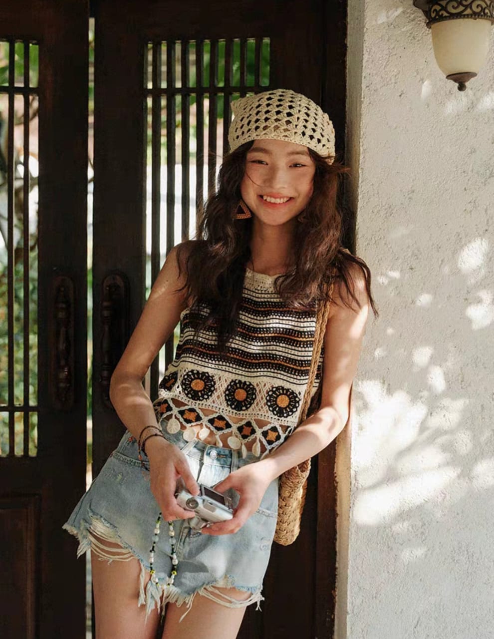 Boho Bloom Crochet Fringe Black Top