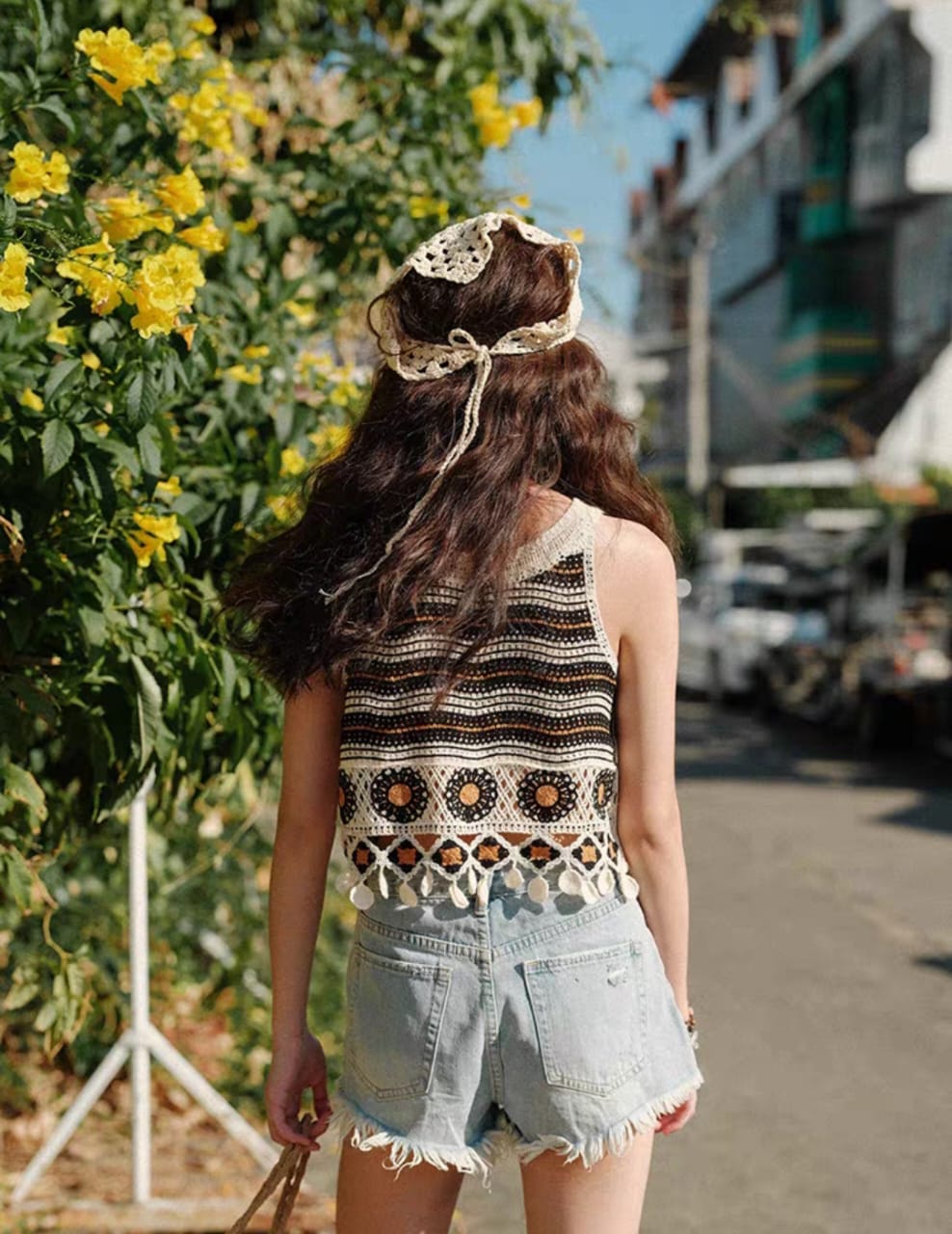 Boho Bloom Crochet Fringe Black Top