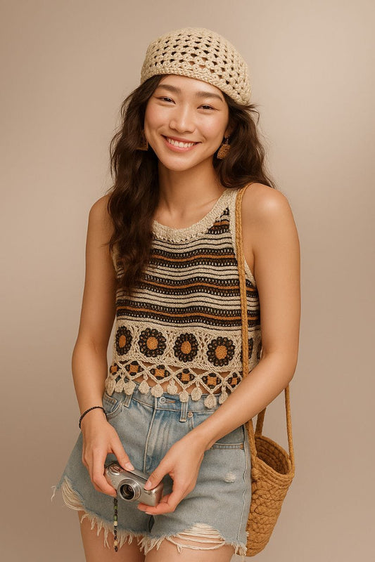 Boho Bloom Crochet Fringe Black Top
